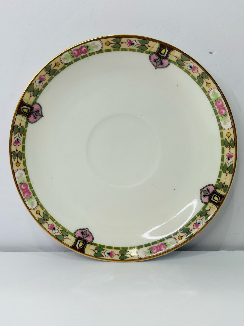 Noritake White Saucer with Pink and Green Floral Border and Gold Trim